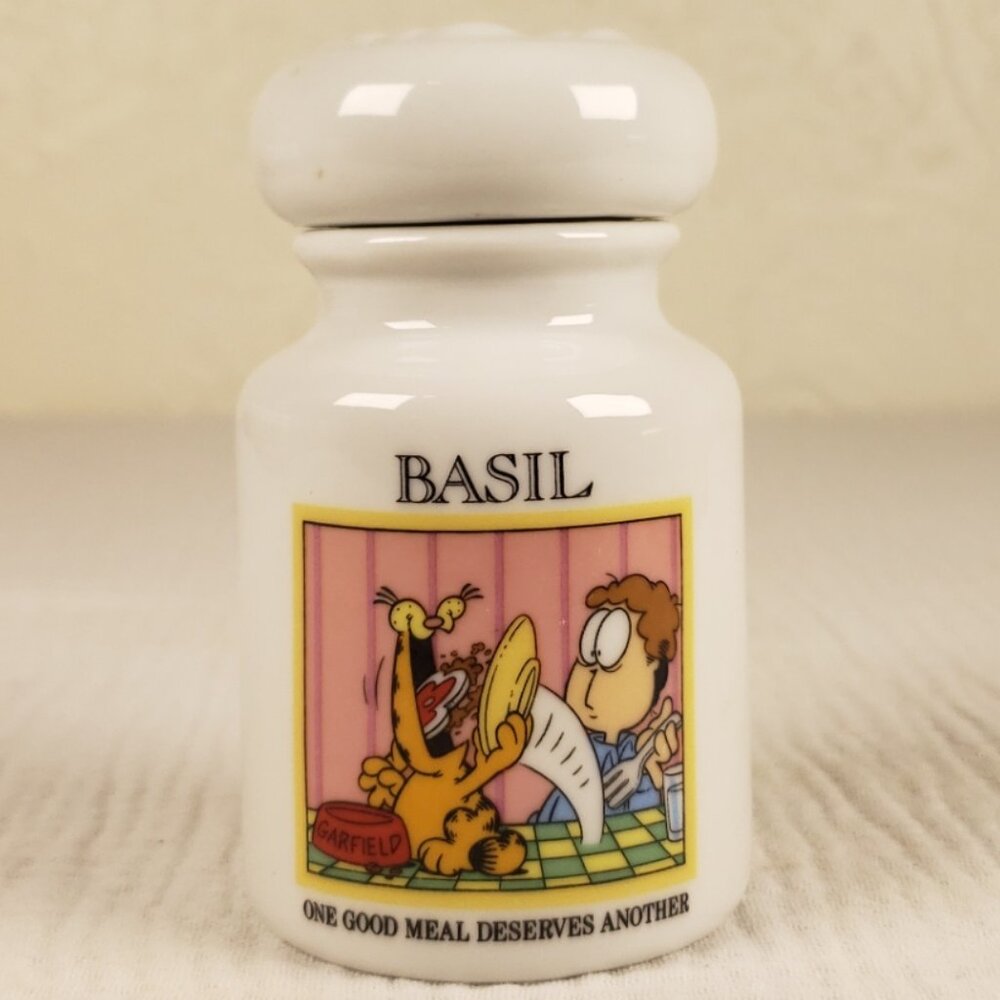 Vintage Danbury Mint 1994 Garfield Ceramic Spice Jar with Lid - Basil